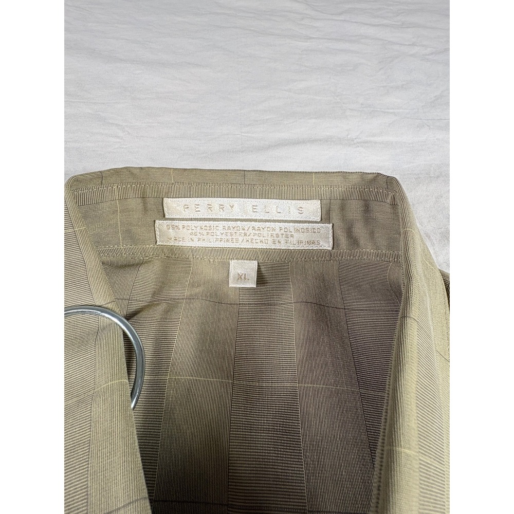 Perry Ellis Mens XL Short Sleeve Button Down Shirt Olive Green Grid MK2302 - Picture 2 of 3